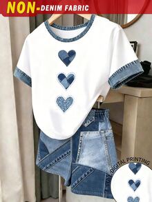 SHEIN 青少年女孩數位愛心圖案短袖短褲套裝，休閒街頭風舒適春夏時尚，適合六年級派對、節慶，白色藍色 - 彩色 - 查看 1