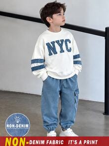 2pcs Young Boy Fashionable Minimalist Comfortable Crew Neck Sweatshirt Cargo Pants Set, Cool English Letter All-Over Print Design, Holiday Party White - Multicolor - View 2