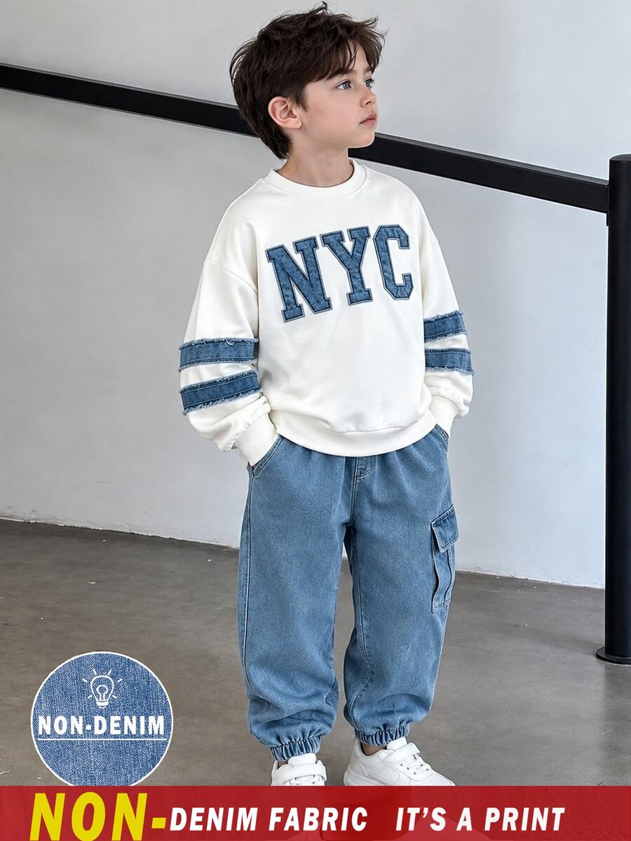2pcs Young Boy Fashionable Minimalist Comfortable Crew Neck Sweatshirt Cargo Pants Set, Cool English Letter All-Over Print Design, Holiday Party White