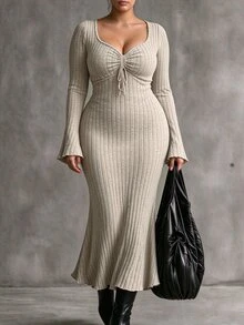 Elenzga Plus Size Women's Elegant Commute Ruched Ribbed Brushed Base Layer Dress Fall - Khaki - View 2
