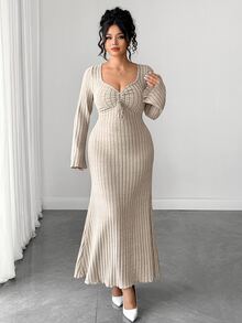Elenzga Plus Size Women's Elegant Commute Ruched Ribbed Brushed Base Layer Dress Fall - Khaki - View 8