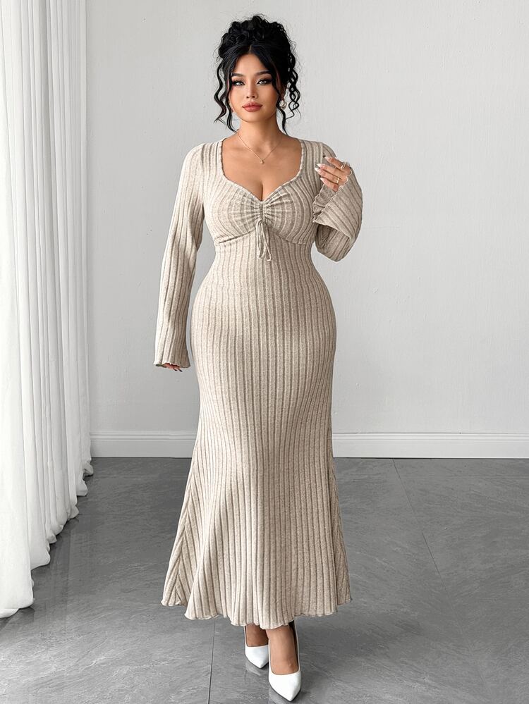Elenzga Plus Size Women's Elegant Commute Ruched Ribbed Brushed Base Layer Dress Fall - Khaki - View 8