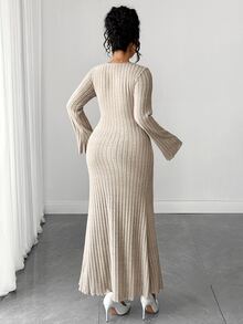 Elenzga Plus Size Women's Elegant Commute Ruched Ribbed Brushed Base Layer Dress Fall - Khaki - View 3