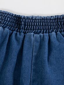 SHEIN Explorewe Young Girls' Elastic Waist Wide Leg Denim Jeans, All-Season Versatile Casual All-Match Style, Blue, Simple Relaxed Fit Pleated Waistband, Summer - Medium Wash - View 4