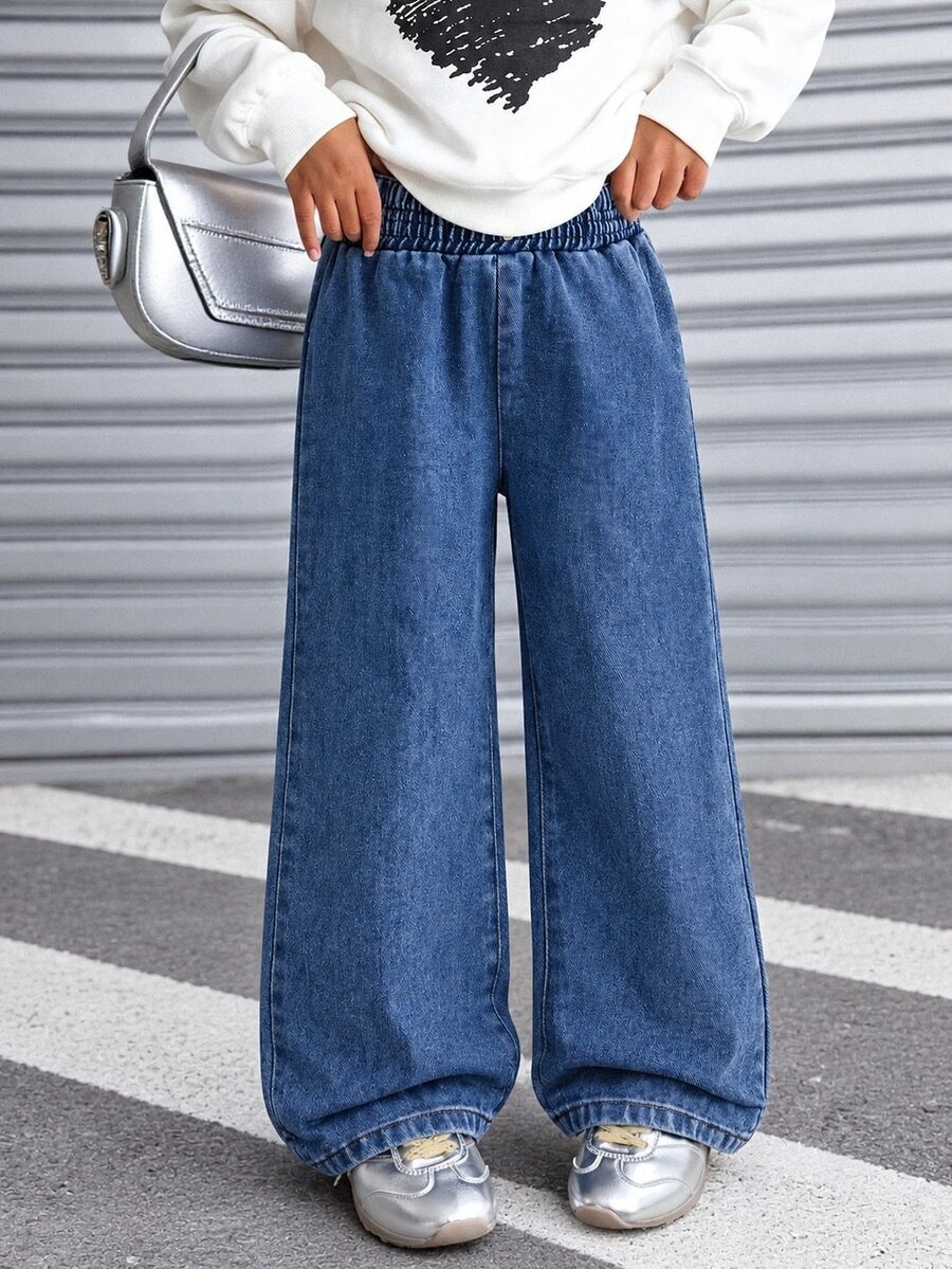 SHEIN Explorewe Young Girls' Elastic Waist Wide Leg Denim Jeans, All-Season Versatile Casual All-Match Style, Blue, Simple Relaxed Fit Pleated Waistband, Summer - Medium Wash - View 1