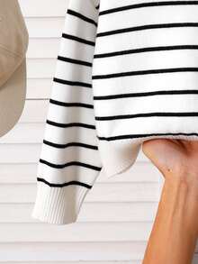 SHEIN Playful Pals Girls Striped Knit Sweater,White Casual Fashionable Long Sleeve Autumn Cropped Top,80s Style School Back-To-School Clothes For Young Girl Pullover - White - View 5