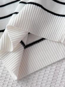 SHEIN Playful Pals Girls Striped Knit Sweater,White Casual Fashionable Long Sleeve Autumn Cropped Top,80s Style School Back-To-School Clothes For Young Girl Pullover - White - View 7