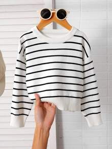 SHEIN Playful Pals Girls Striped Knit Sweater,White Casual Fashionable Long Sleeve Autumn Cropped Top,80s Style School Back-To-School Clothes For Young Girl Pullover - White - View 3