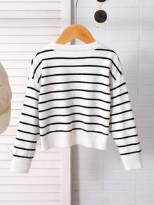 SHEIN Playful Pals Girls Striped Knit Sweater,White Casual Fashionable Long Sleeve Autumn Cropped Top,80s Style School Back-To-School Clothes For Young Girl Pullover - White - View 2