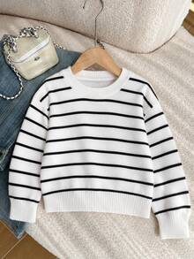 SHEIN Playful Pals Girls Striped Knit Sweater,White Casual Fashionable Long Sleeve Autumn Cropped Top,80s Style School Back-To-School Clothes For Young Girl Pullover - White - View 1