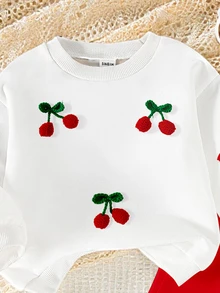 SHEIN Playful Pals Baby Girl 0-3Y Cherry Red Crew Neck Sweatshirt 3D Embroidery-Look Print Solid Color Flared Pants Set Autumn Cute Family Matching - Multicolor - View 6