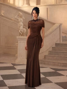 Firerie Elegant Luxurious Beaded Diamond Pattern Design Sheer Patchwork Stretch Knit Mesh Ruched Sleeve Mermaid Dress Suitable For Wedding Events - Coffee Brown - View 4