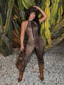 SHEIN SXY 性感豹紋露背掛脖拉鍊緊身連身褲，女性夜店外出裝、演唱會穿搭，米色 - 彩色 - 查看 6