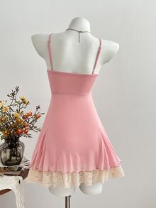 Elamini Women's Summer Casual Sweet Fashion Daily Outing Party Mesh Patchwork Contrast Color Lace Bow Decor Multi-Tier Ruffle Hem A-Line Slip Dress - Pink - View 2