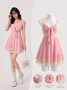 Elamini Women's Summer Casual Sweet Fashion Daily Outing Party Mesh Patchwork Contrast Color Lace Bow Decor Multi-Tier Ruffle Hem A-Line Slip Dress - Pink - View 1
