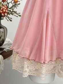 Elamini Women's Summer Casual Sweet Fashion Daily Outing Party Mesh Patchwork Contrast Color Lace Bow Decor Multi-Tier Ruffle Hem A-Line Slip Dress - Pink - View 7