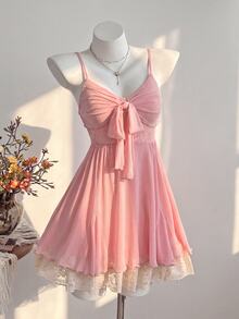Elamini Women's Summer Casual Sweet Fashion Daily Outing Party Mesh Patchwork Contrast Color Lace Bow Decor Multi-Tier Ruffle Hem A-Line Slip Dress - Pink - View 3