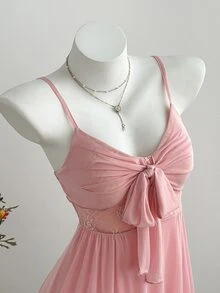 Elamini Women's Summer Casual Sweet Fashion Daily Outing Party Mesh Patchwork Contrast Color Lace Bow Decor Multi-Tier Ruffle Hem A-Line Slip Dress - Pink - View 5