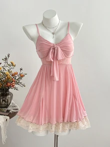 Elamini Women's Summer Casual Sweet Fashion Daily Outing Party Mesh Patchwork Contrast Color Lace Bow Decor Multi-Tier Ruffle Hem A-Line Slip Dress - Pink - View 4