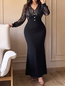 Modelyn Plus Size Women's Elegant Lace V-Neck Long Sleeve Patchwork Waist-Cinching Bodycon Dress, Suitable For Spring/Autumn Gatherings And Daily Wear - Black - View 6