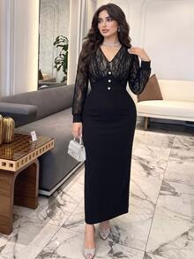 Modelyn Plus Size Women's Elegant Lace V-Neck Long Sleeve Patchwork Waist-Cinching Bodycon Dress, Suitable For Spring/Autumn Gatherings And Daily Wear - Black - View 5