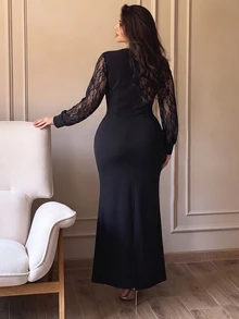 Modelyn Plus Size Women's Elegant Lace V-Neck Long Sleeve Patchwork Waist-Cinching Bodycon Dress, Suitable For Spring/Autumn Gatherings And Daily Wear - Black - View 2