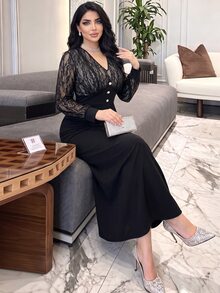 Modelyn Plus Size Women's Elegant Lace V-Neck Long Sleeve Patchwork Waist-Cinching Bodycon Dress, Suitable For Spring/Autumn Gatherings And Daily Wear - Black - View 3