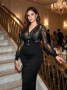 Modelyn Plus Size Women's Elegant Lace V-Neck Long Sleeve Patchwork Waist-Cinching Bodycon Dress, Suitable For Spring/Autumn Gatherings And Daily Wear - Black - View 4