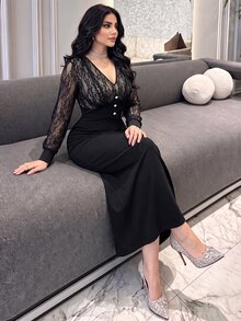 Modelyn Plus Size Women's Elegant Lace V-Neck Long Sleeve Patchwork Waist-Cinching Bodycon Dress, Suitable For Spring/Autumn Gatherings And Daily Wear - Black - View 8