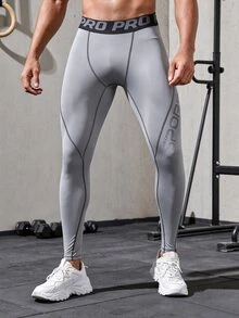 GymBeat Men's Letter Waistband Daily Fitness Sports Leggings, Gym - Light Grey - View 3