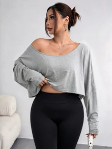 Elenzga Plus Size Women's Asymmetric Collar Long Sleeve Cropped Casual T-Shirt, Solid Color, Autumn Fall - Light Grey - View 4