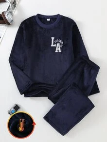 Genkimix Kids 男童皇家藍字母刺繡毛絨長袖上衣與長褲家居服套裝 - 藏蓝色 - 查看 3