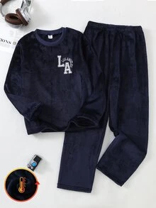 Genkimix Kids 男童皇家藍字母刺繡毛絨長袖上衣與長褲家居服套裝 - 藏蓝色 - 查看 5