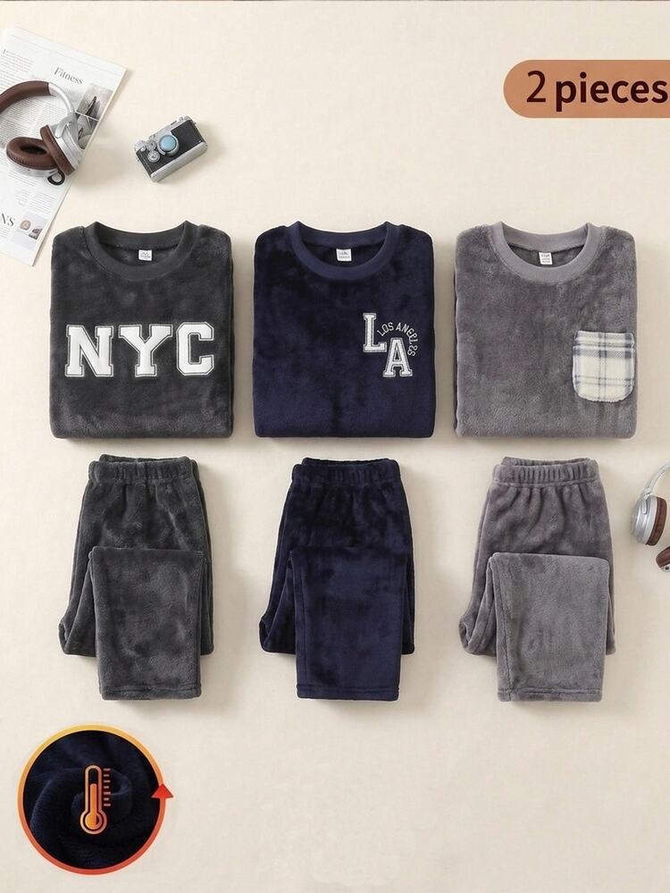 Genkimix Kids Boys' Royal Blue Letter Embroidered Plush Long Sleeve & Long Pants Loungewear Set - Navy Blue - View 1
