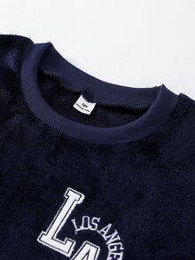 Genkimix Kids 男童皇家藍字母刺繡毛絨長袖上衣與長褲家居服套裝 - 藏蓝色 - 查看 6