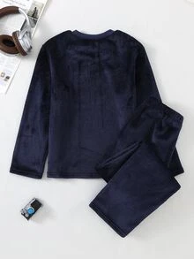 Genkimix Kids 男童皇家藍字母刺繡毛絨長袖上衣與長褲家居服套裝 - 藏蓝色 - 查看 2