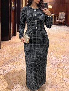 Modelyn Elegant tweedklänning i damstil med konstpärlknappar, plus size - Svart - Visa 7