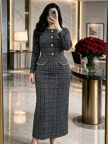Modelyn Elegant tweedklänning i damstil med konstpärlknappar, plus size - Svart - Visa 1