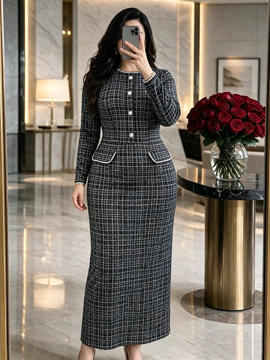 Modelyn Elegant tweedklänning i damstil med konstpärlknappar, plus size - Svart - Visa 1