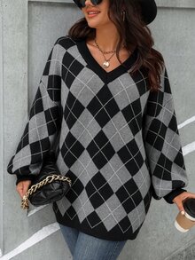 Seusyu Plus Size Women's Diamond Quilted V-Neck Drop Shoulder Long Sleeve Loose Fit Polar Fleece Sweater - Multicolor - View 4