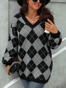 Seusyu Plus Size Women's Diamond Quilted V-Neck Drop Shoulder Long Sleeve Loose Fit Polar Fleece Sweater - Multicolor - View 3
