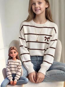 SHEIN Kids Tween Girls Autumn/Winter Striped Casual Loose Minimalist Comfortable Round Neck Solid Color Sweater - Multicolor - View 6