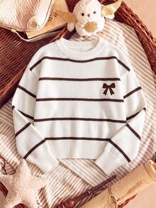 SHEIN Kids Tween Girls Autumn/Winter Striped Casual Loose Minimalist Comfortable Round Neck Solid Color Sweater - Multicolor - View 1