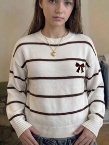 SHEIN Kids Tween Girls Autumn/Winter Striped Casual Loose Minimalist Comfortable Round Neck Solid Color Sweater - Multicolor - View 2