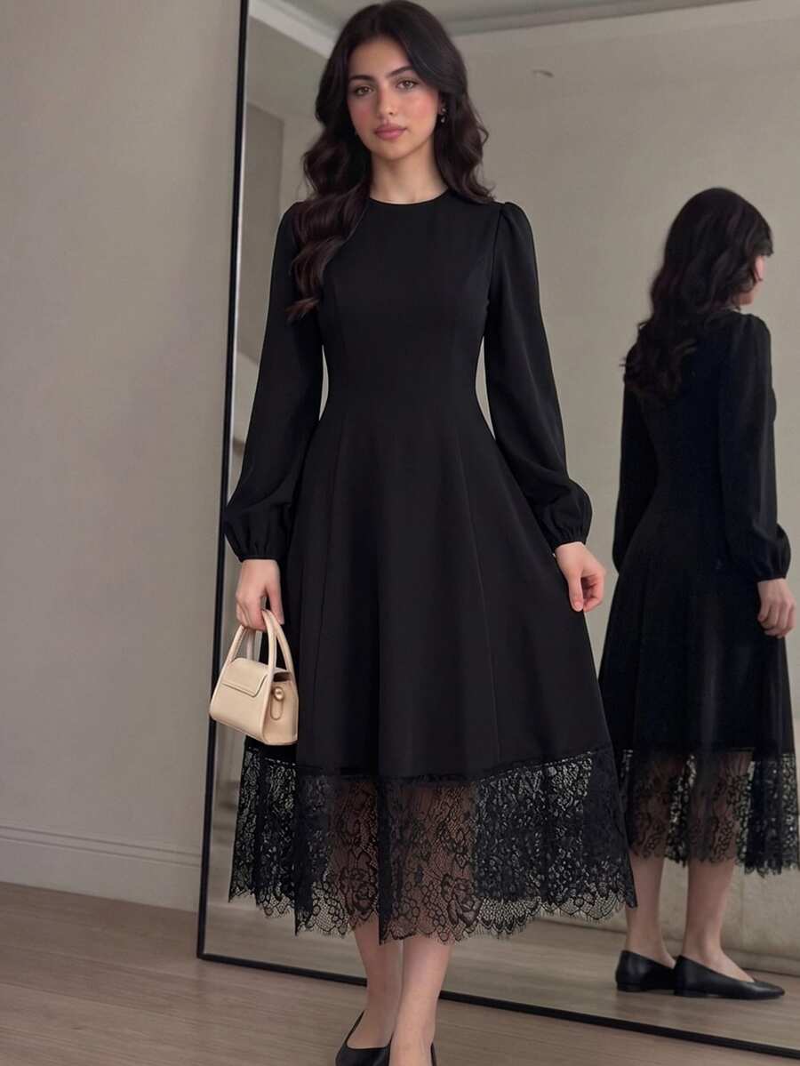 SHEIN Streecool 青少年女孩休閒大學風純色拼接長袖休閒短洋裝 - 黑色 - 查看 1