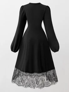 SHEIN Streecool 青少年女孩休閒大學風純色拼接長袖休閒短洋裝 - 黑色 - 查看 7
