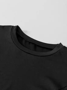 SHEIN Streecool 青少年女孩休閒大學風純色拼接長袖休閒短洋裝 - 黑色 - 查看 4