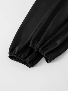 SHEIN Streecool 青少年女孩休閒大學風純色拼接長袖休閒短洋裝 - 黑色 - 查看 5