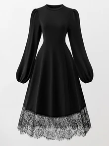 SHEIN Streecool 青少年女孩休閒大學風純色拼接長袖休閒短洋裝 - 黑色 - 查看 3