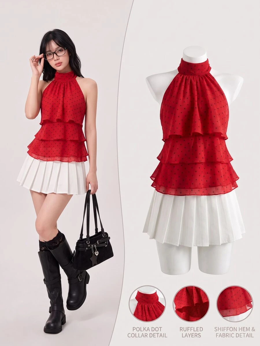 Elamini 女士波点印花无袖简约休闲衬衫 - 紅色 - 查看 1